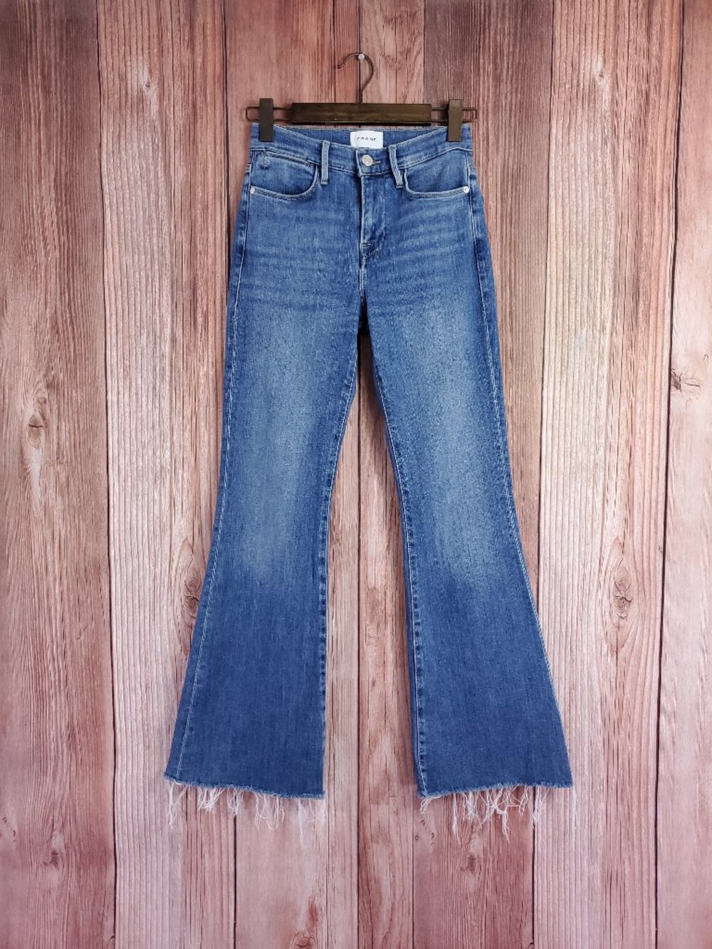 FRAME Le Easy Flare Jeans Womens 26 Drizzle Raw Hem High Rise Stretch Denim Blue